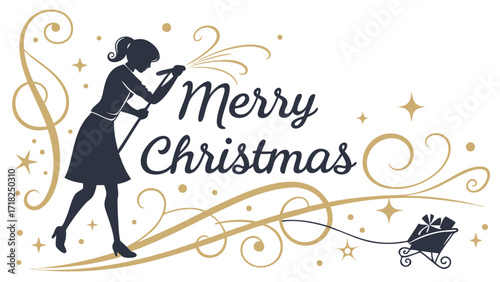Elegant silhouette of a woman decorating for christmas with glitter and a sleigh pulled by reindeer