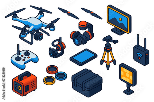 Drone Filming Tools. Isometric vector illustration set Professional drone filming: drone with camera, remote controller,
