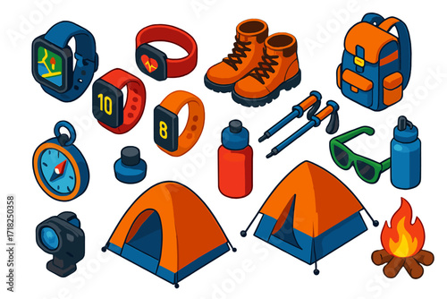 Outdoor Adventure Gear Icons. Isometric vector illustration set Outdoor adventure fitness: smartwatch with map, heart rate monitor