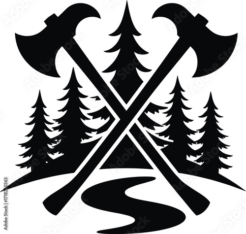 Crossed axes in forest emblem, outdoor wilderness survival camping badge

