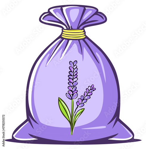 Cartoon illustration of a purple lavender sachet