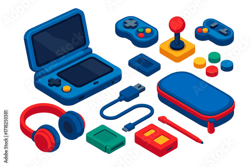 Colorful Handheld Gaming Icons. Isometric vector illustration set Handheld gaming: portable console, mini gamepad, joystick,