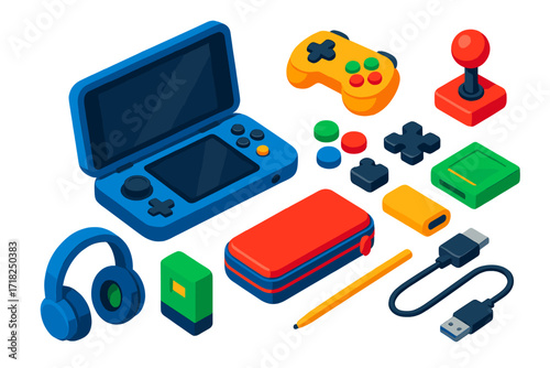 Colorful Handheld Gaming Icons. Isometric vector illustration set Handheld gaming: portable console, mini gamepad, joystick,