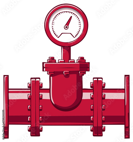 Red industrial pipeline with a pressure gauge vector illustration