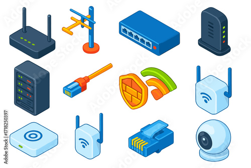Network Equipment Icons. Isometric vector illustration set Network equipment: router, antenna, switch hub, modem, server rack,