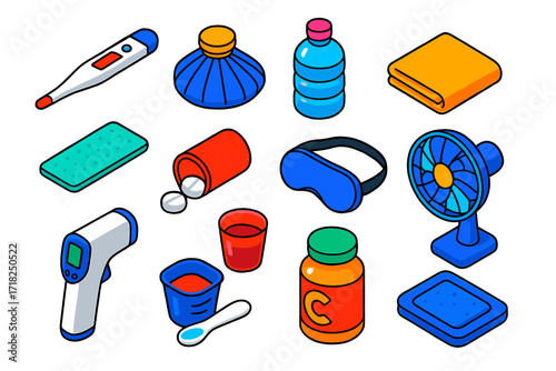 Fever Treatment Icons. Isometric vector illustration set Fever treatment: oral thermometer, ice pack, water bottle, cooling gel