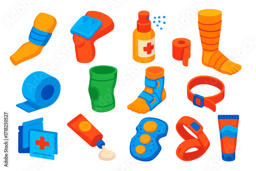 Sports Injury Treatment Icons. Isometric vector illustration set Sports injury treatment: muscle bandage, cold pack, wound