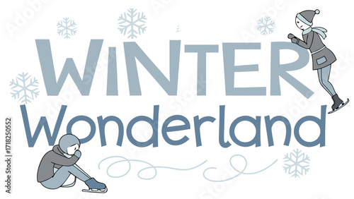 Charming winter wonderland illustration with two figures and snowflakes celebrating the cold season