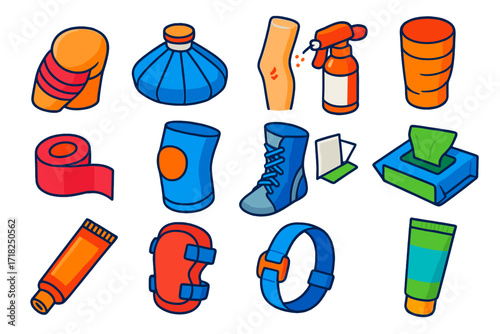 Sports Injury Treatment Icons. Isometric vector illustration set Sports injury treatment: muscle bandage, cold pack, wound