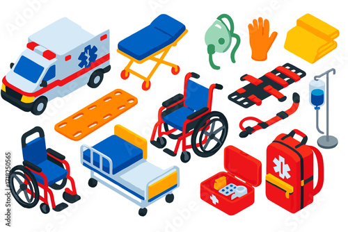Medical Transport Icons. Isometric vector illustration set Patient transport: ambulance car, gurney, wheelchair, hospital bed,