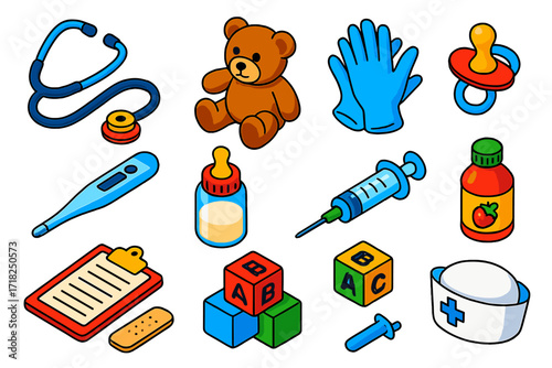 Pediatric Care Icons. Isometric vector illustration set Pediatric care: stethoscope, teddy bear, nurse gloves, pacifier,