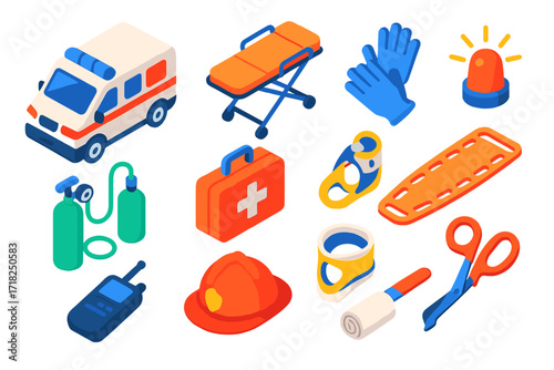 Emergency Rescue Icons. Isometric vector illustration set Rescue operation: ambulance, stretcher, paramedic gloves, emergency