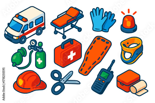 Emergency Rescue Icons. Isometric vector illustration set Rescue operation: ambulance, stretcher, paramedic gloves, emergency