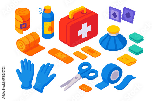 Sports First Aid Essentials. Isometric vector illustration set Sports first aid kit: elastic wraps, cooling spray, pain relief gel