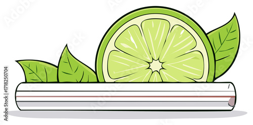 Cartoon illustration of a fresh lime slice and mint leaves with a straw for a summer cocktail or fresh juice