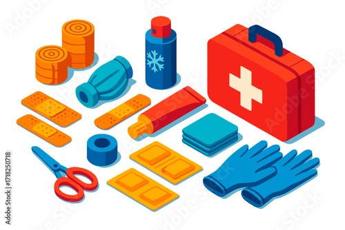 Sports First Aid Essentials. Isometric vector illustration set Sports first aid kit: elastic wraps, cooling spray, pain relief gel