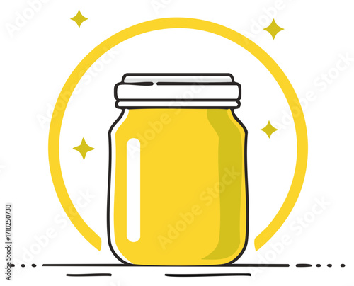Cartoon illustration of a magical sparkling yellow jar of honey or preserves