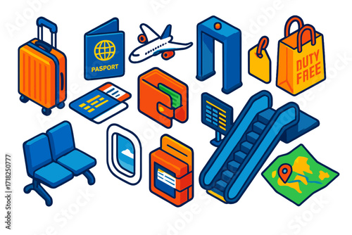 Airport Travel Essentials. Isometric vector illustration set Airport journey: rolling suitcase, passport, plane boarding ticket,
