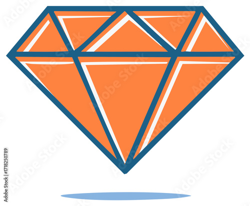 Orange diamond illustration with blue outline. Jewel symbol
