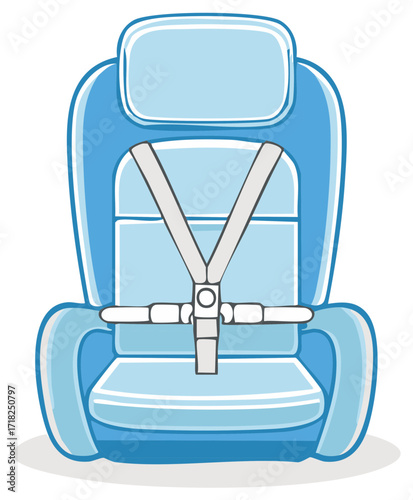 Illustration of a child safety car seat in blue with safety straps isolated