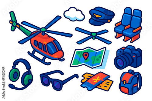 Air Tour Essentials. Isometric vector illustration set Air tour: sightseeing helicopter, rotor blades, passenger seats, pilot cap,