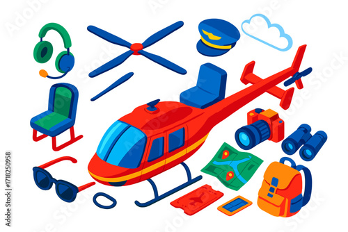 Air Tour Essentials. Isometric vector illustration set Air tour: sightseeing helicopter, rotor blades, passenger seats, pilot cap,