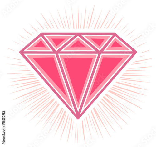 Pink diamond with radial lines, gemstone jewelry vector design, bright luxury crystal, wealth symbol, brilliant shine element