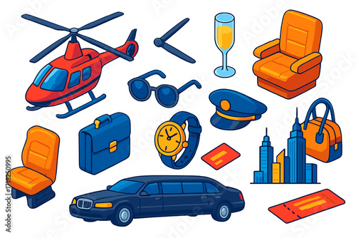 Luxury Helicopter Set. Isometric vector illustration set Luxury helicopter travel: private helicopter, rotor blades, champagne