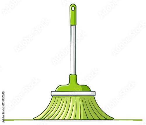 Cartoon illustration of a green plastic household broom for sweeping and cleaning floors