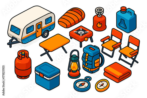 Camper Essentials Icons. Isometric vector illustration set Camper trailer essentials: RV trailer, sleeping bag, camp stove, water