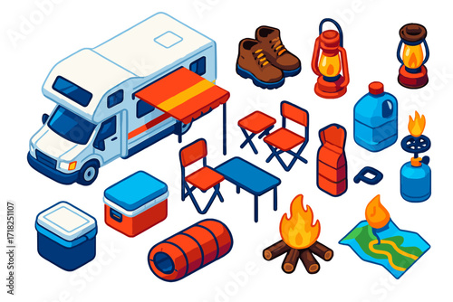 Motorhome Adventure Icons. Isometric vector illustration set Motorhome journey: RV motorhome, folding chairs, awning, table,