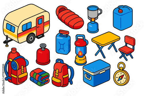 Camper Essentials Icons. Isometric vector illustration set Camper trailer essentials: RV trailer, sleeping bag, camp stove, water