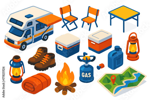 Motorhome Adventure Icons. Isometric vector illustration set Motorhome journey: RV motorhome, folding chairs, awning, table,