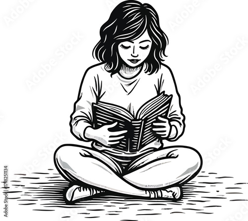 Girl sitting cross legged reading book, learning education illustration

