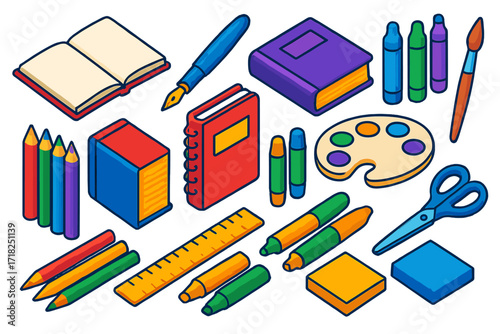 Creative Study Tools. Isometric vector illustration set Creative study: sketchbook, fountain pen, textbook, notebook, markers,
