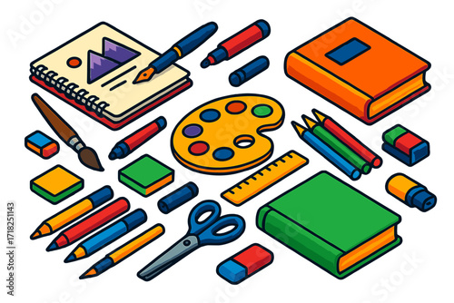 Creative Study Tools. Isometric vector illustration set Creative study: sketchbook, fountain pen, textbook, notebook, markers,