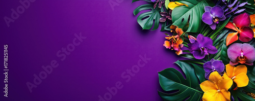 Vibrant Floral Arrangement with Purple Background Featuring Orchids, Tropical Leaves, and Colorful Blooms, copy space for text, image with copy space