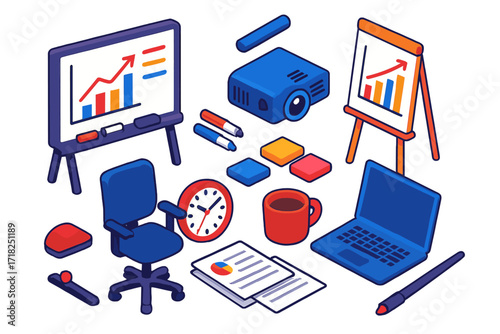 Isometric Office Essentials. Isometric vector illustration set Office meeting: whiteboard, markers, eraser, flip chart, projector,