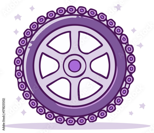 Vibrant purple bicycle chainring and sprocket with sparkling stars illustration