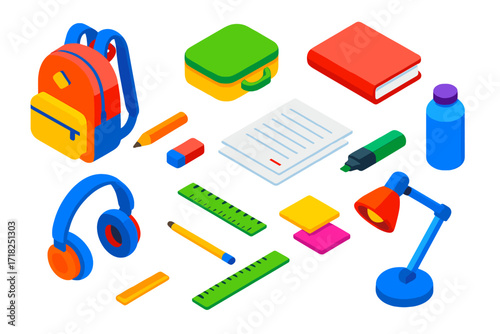 Vibrant Study Essentials. Isometric vector illustration set Daily study pack: backpack, lunchbox, textbook, homework sheets,