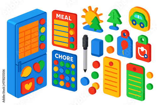 Family Organizer Icons. Isometric vector illustration set Family organizer: magnetic fridge planner, meal plan row, school run