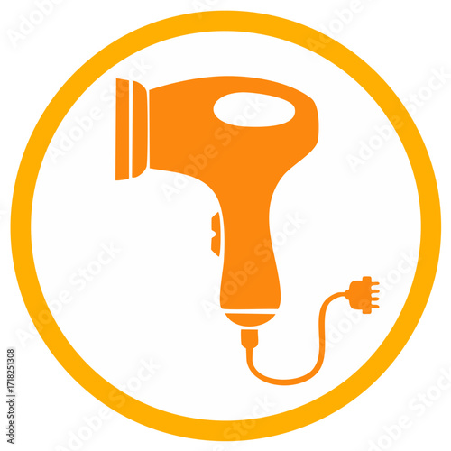 Orange silhouette of an electric hair dryer with a plug and cord inside a yellow circle