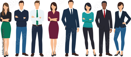Professional business people standing side by side, diverse team, corporate attire, workplace diversity, rear view, silhouette illustration, unity in office culture