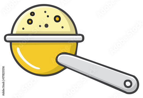 Illustration of a yellow sieve with a scoop of something