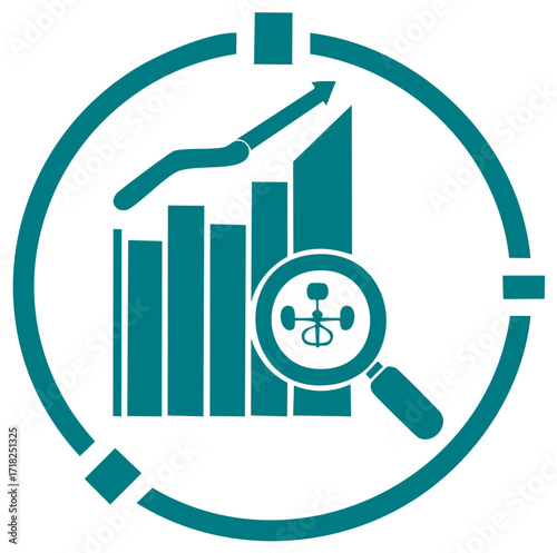 Financial analysis concept. Bar graph, magnifying glass, and rising arrow symbols.