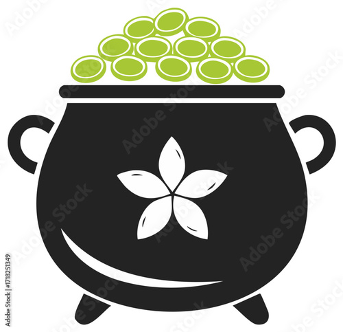Black pot overflowing with green coins and decorative white flower symbol