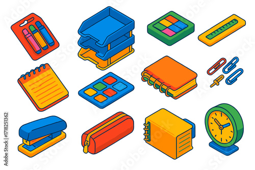 Office Supplies Icons. Isometric vector illustration set Office markup supplies: fluorescent pen pack, document tray, page flags,