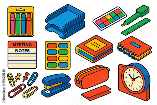 Office Supplies Icons. Isometric vector illustration set Office markup supplies: fluorescent pen pack, document tray, page flags,