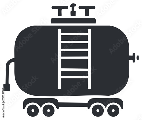 Stylized dark gray illustration of a railroad tank car with a ladder and valve detail.