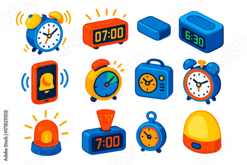 Colorful Alarm Devices. Isometric vector illustration set Alarm Devices: ringing alarm clock, digital display, snooze button,
